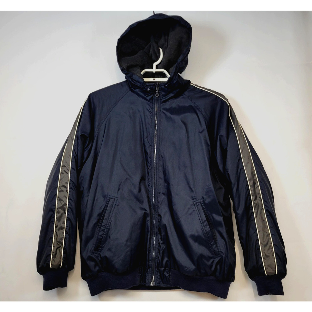 Croft & Barrow Bomber Jacket Mens L Blue Hooded Reversible Fleece Lined Outdoor